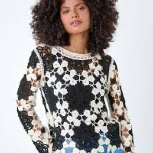 Black and White Floral Crochet Sweater